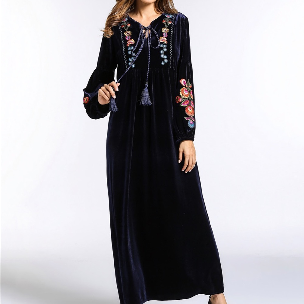 Navy Velvet Embroidered Maxi